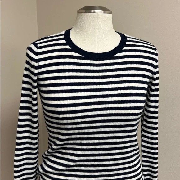 Loft wool blend nautical navy blue white striped crew neck long sleeve sweater M - Picture 1 of 8